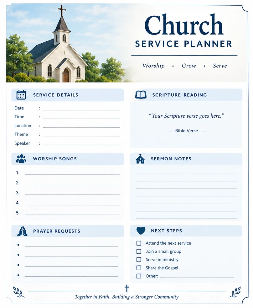 Church service planner printable template for worship, scripture reading, sermon notes, prayer requests, and Christian activities.