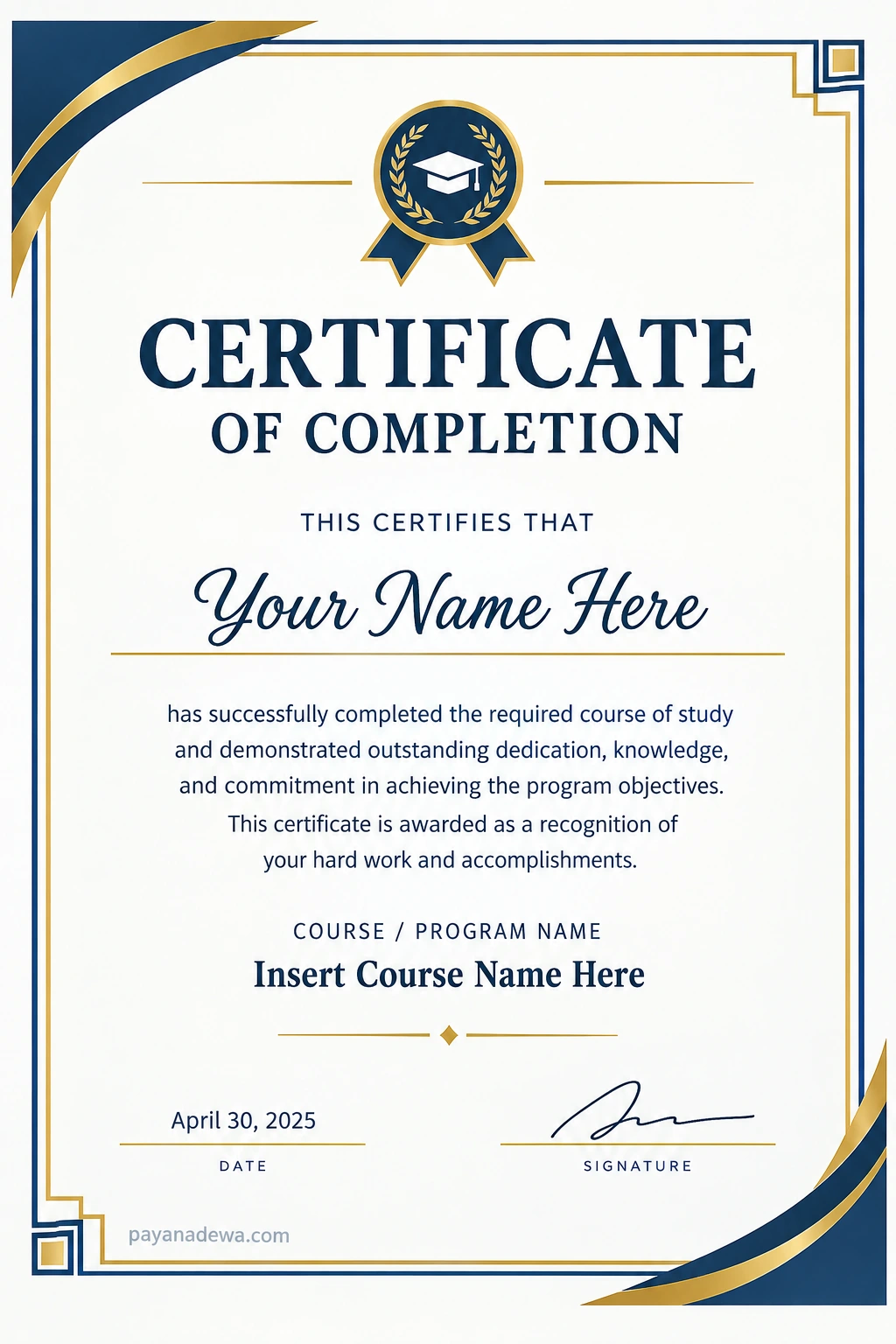 Completion Certificate Template Printable completion certificate template with navy blue and gold border