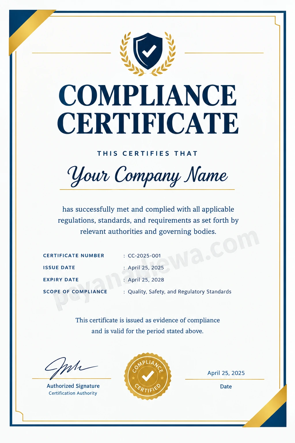 Printable compliance certificate template with navy and gold borders, certificate details, signature area, and payanadewa.com watermark.