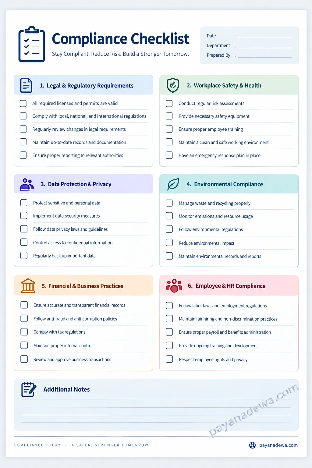 Compliance Checklist Template Printable compliance checklist template covering legal requirements, workplace safety, data privacy, environmental compliance, financial practices, and HR compliance.