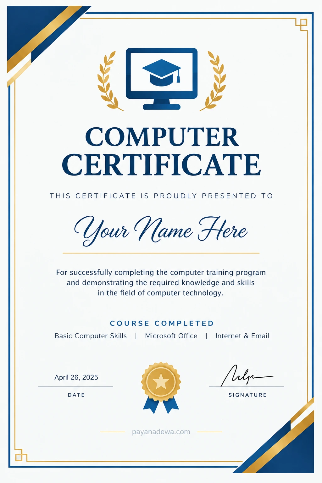 Computer Certificate Template Printable computer certificate template with a navy blue and gold border, graduation cap computer icon, recipient name line, course details, date, signature, and payanadewa.com watermark.