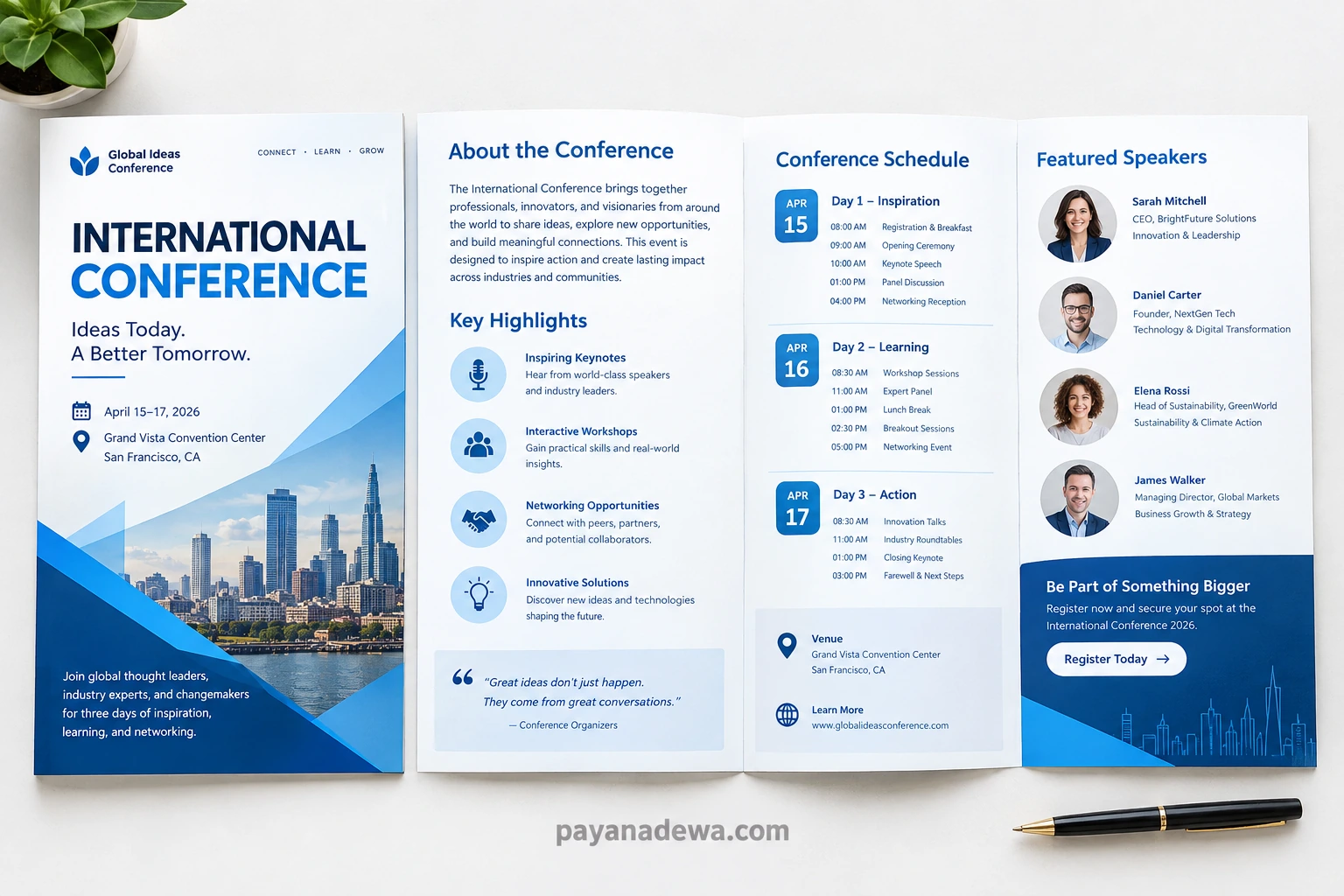 Conference Brochure Template Professional Conference Brochure Template with event schedule, speakers, venue, and registration details