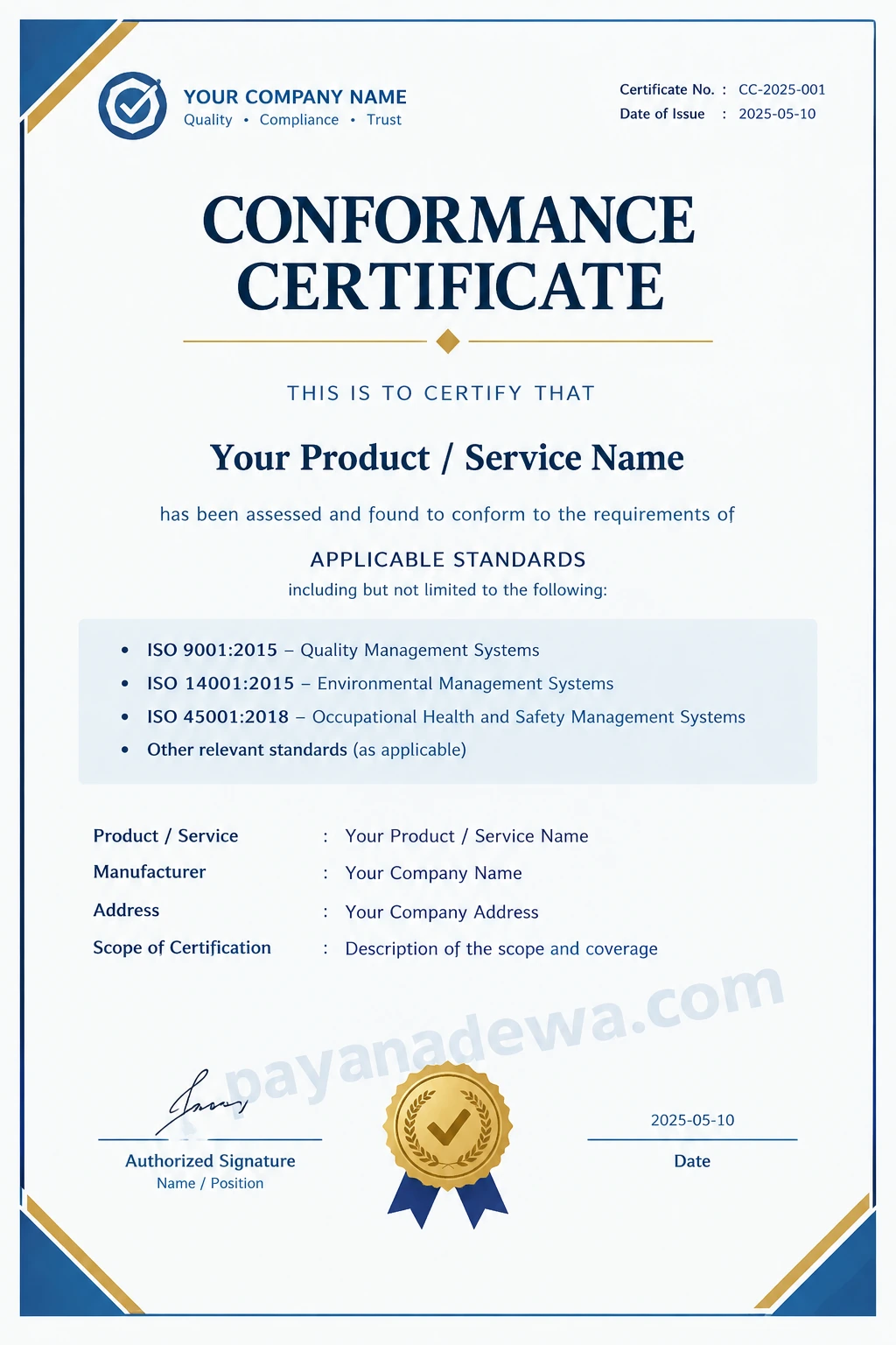 Printable Conformance Certificate template with company details, applicable standards, authorization signature, and payanadewa.com watermark.