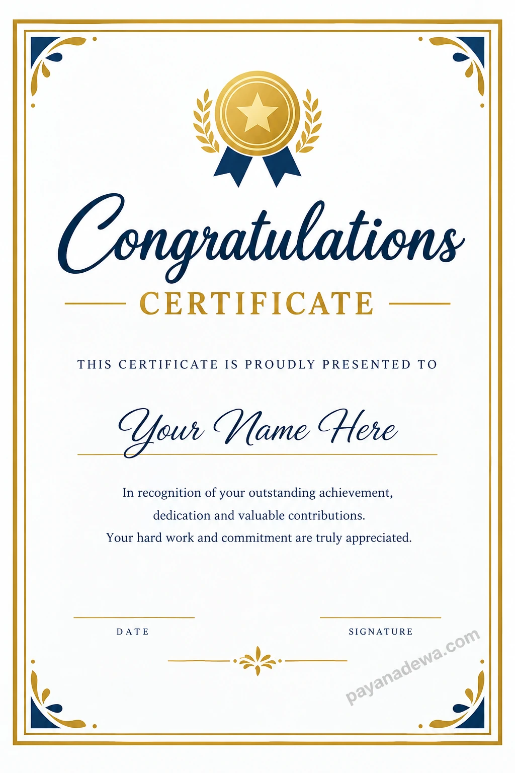 Elegant congratulations certificate template with a gold border, navy blue lettering, achievement emblem, and customizable recipient name.