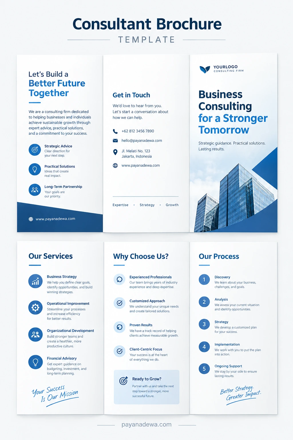 Professional consultant brochure template with business consulting services, company information, and contact details
