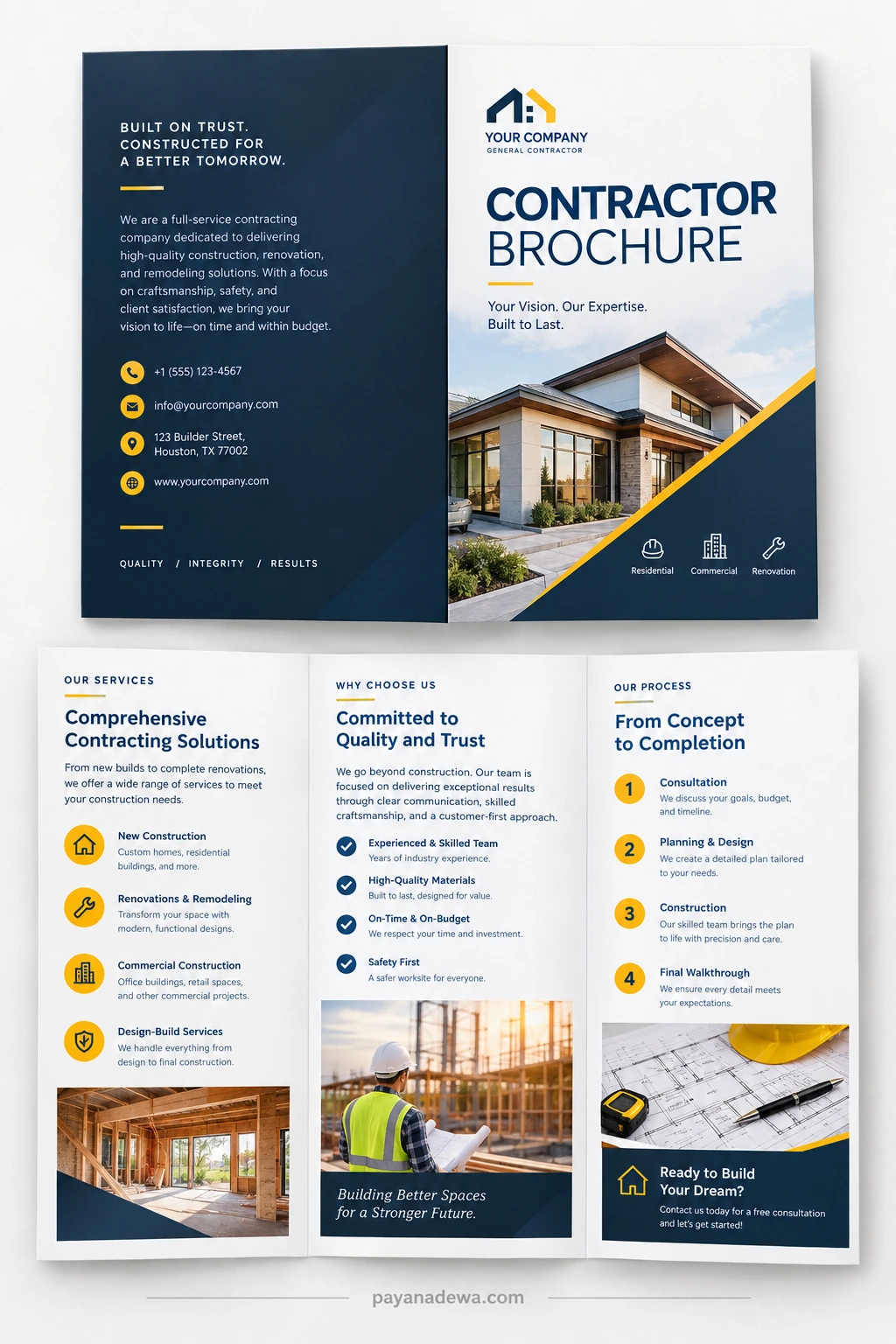 Contractor Brochure Template Professional contractor brochure template featuring construction services, project photography, company information, and a modern business layout