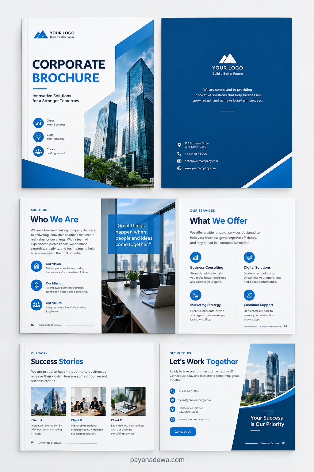 Corporate Brochure Template Modern corporate brochure template with professional business layout, company services, success stories, and contact information