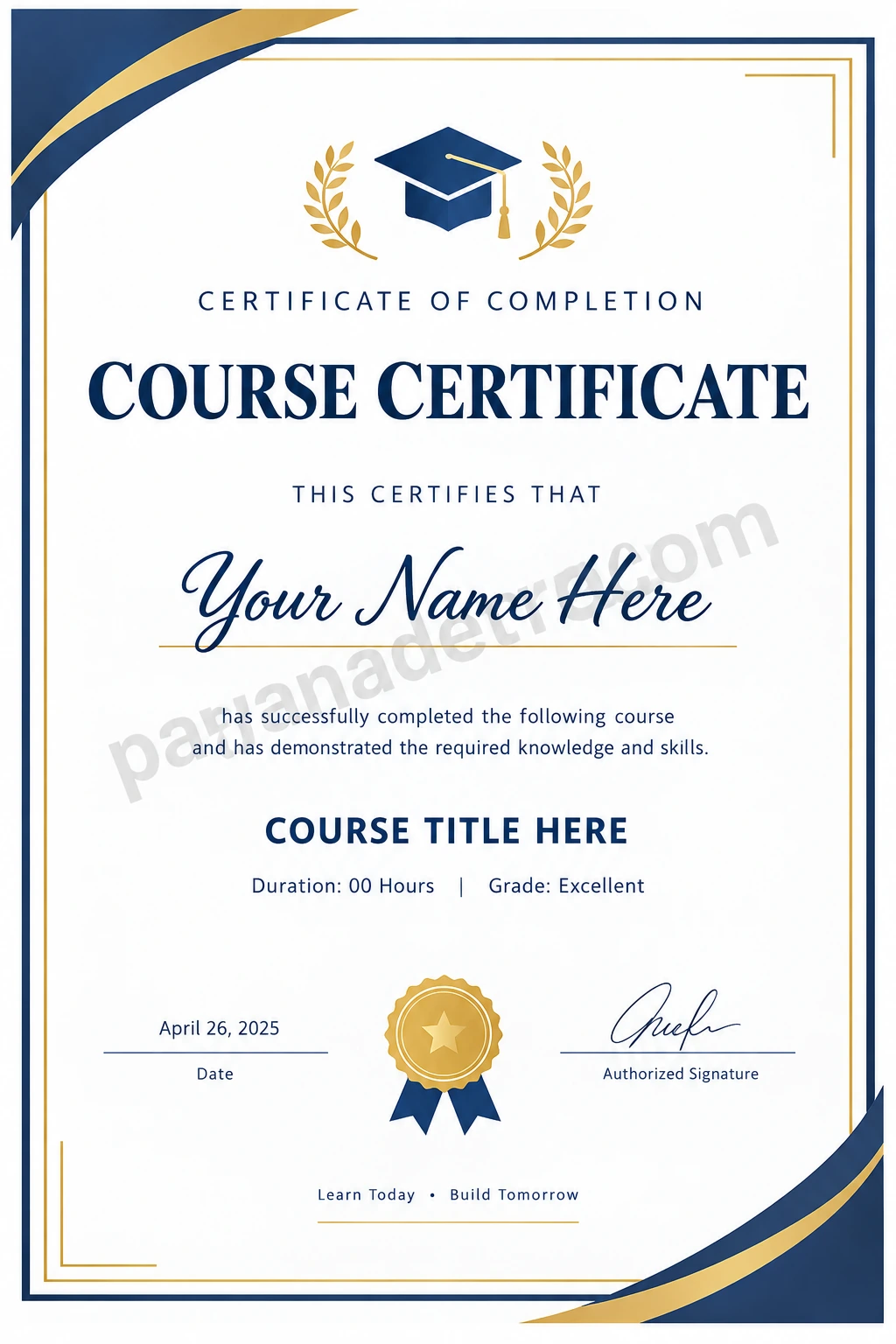 Course Certificate Template Printable course certificate template with navy and gold borders, completion details, learner name, date, and signature fields.