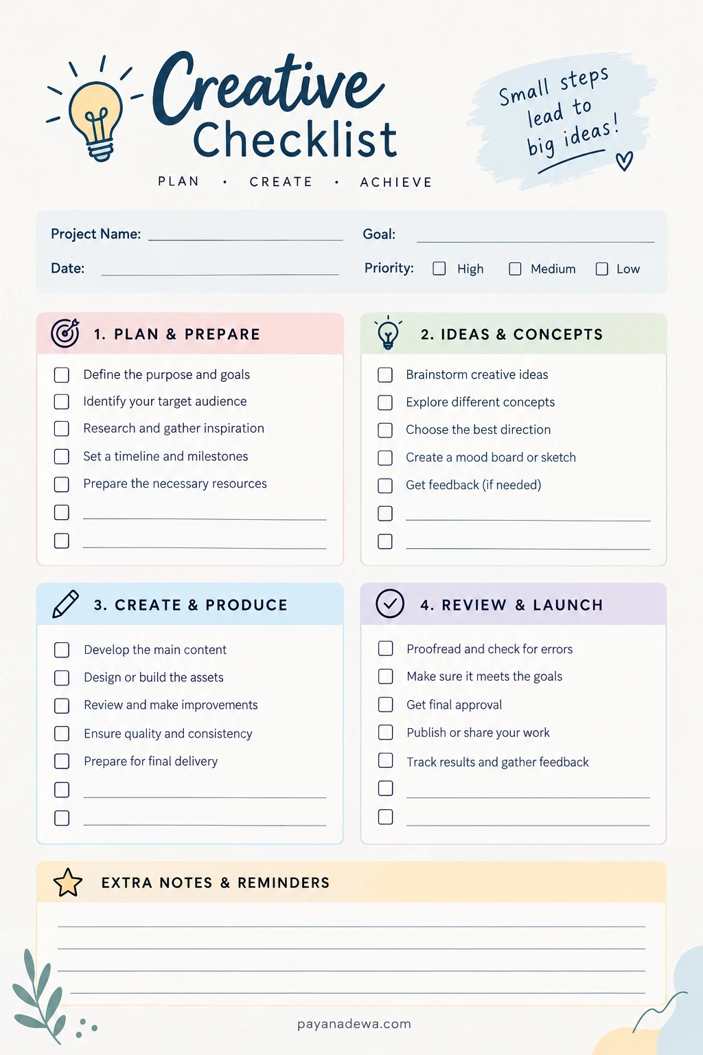 Creative Checklist Template Printable Creative Checklist Template with planning, ideas, production, review, and notes sections.