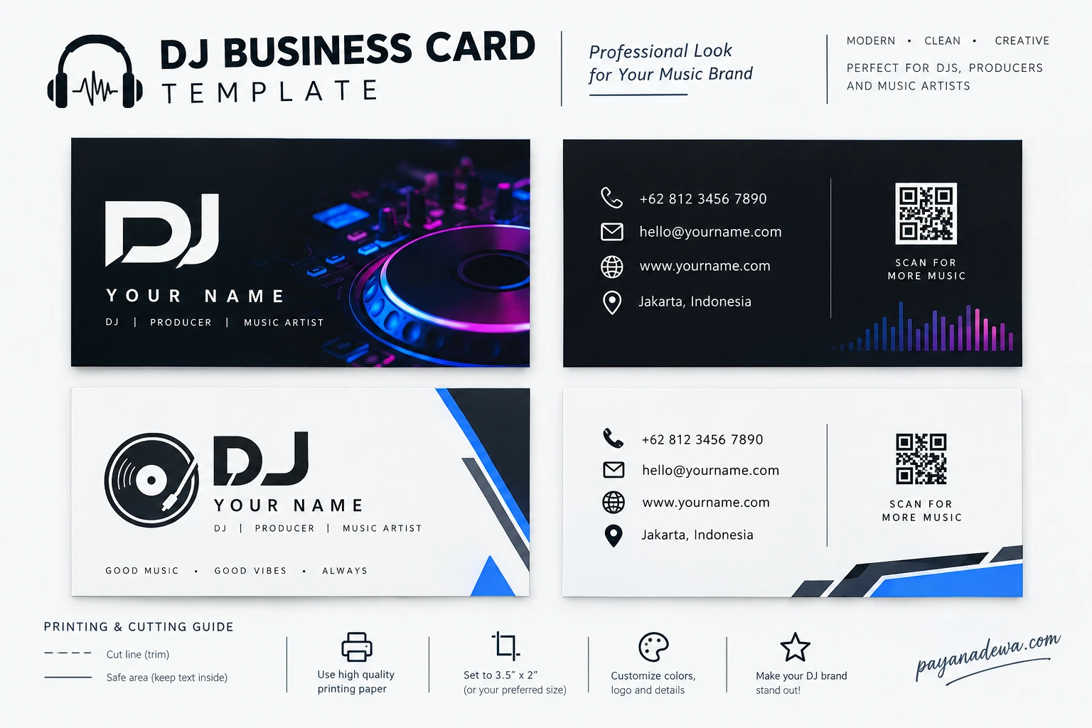 DJ Business Card Template DJ business card template with modern black and white designs, neon blue and purple accents, contact information, QR code, and printing guidelines.