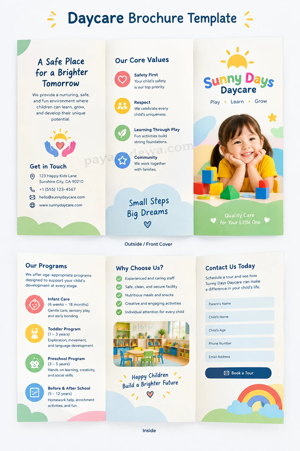 Daycare Brochure Template with childcare programs, safety information, and contact details