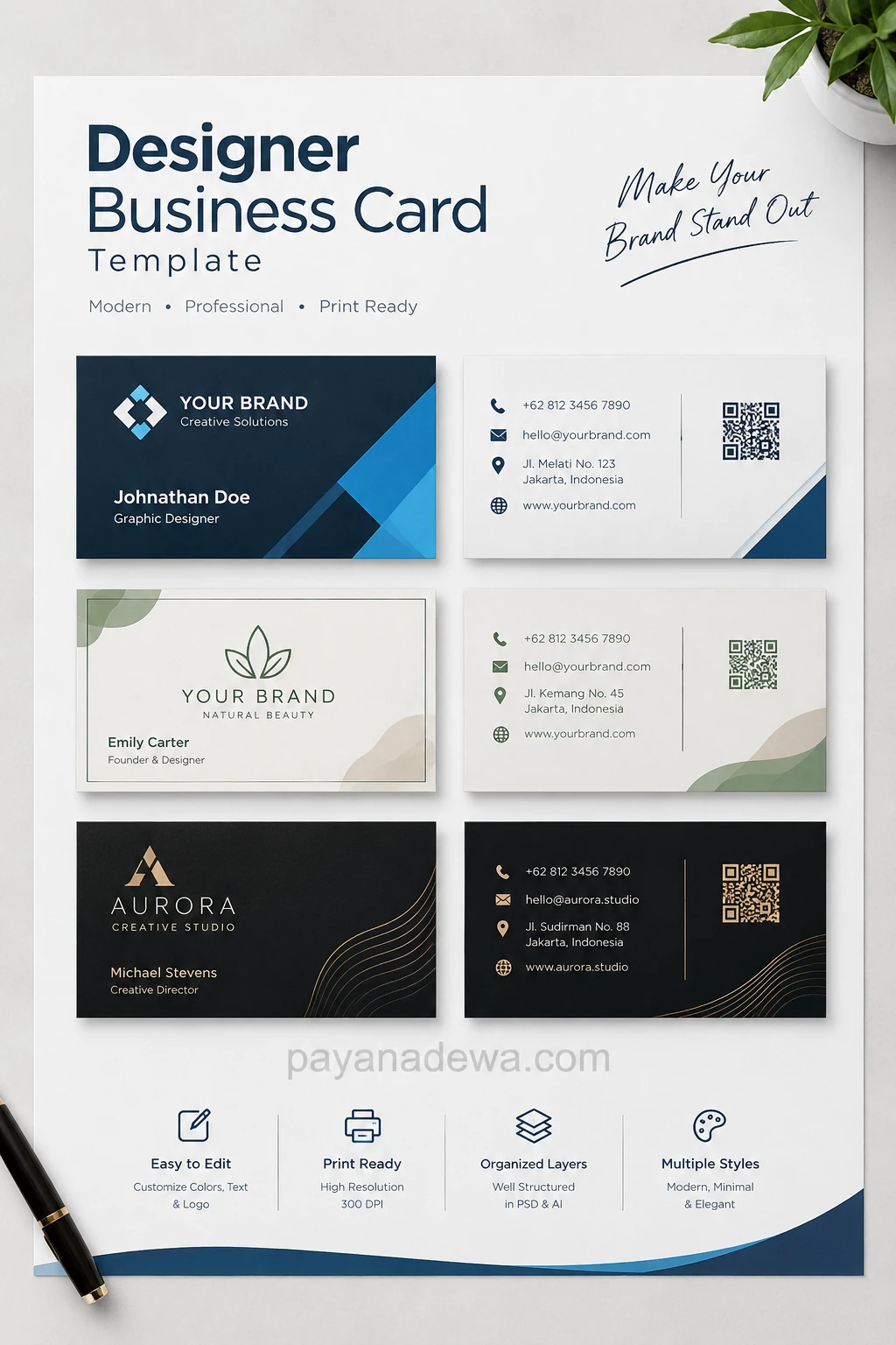 Designer Business Card Template Designer business card template featuring modern blue, natural green, and luxury black-and-gold business card designs