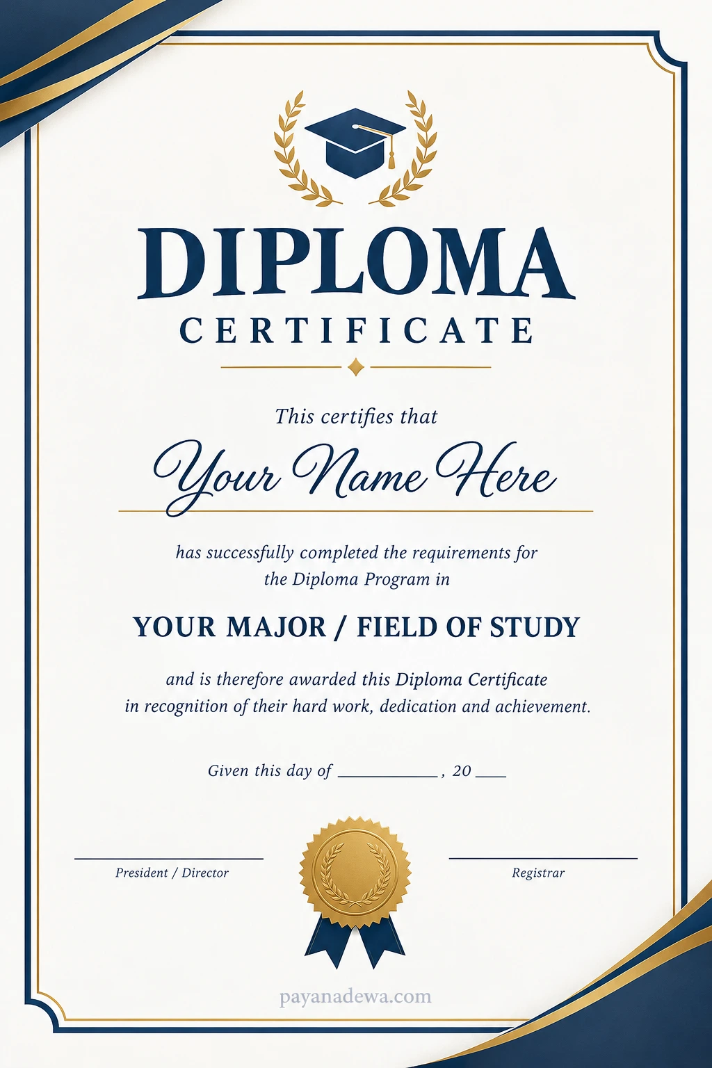 Diploma certificate template with an elegant navy blue and gold border, graduation cap emblem, customizable name and field of study, date, and signature lines.