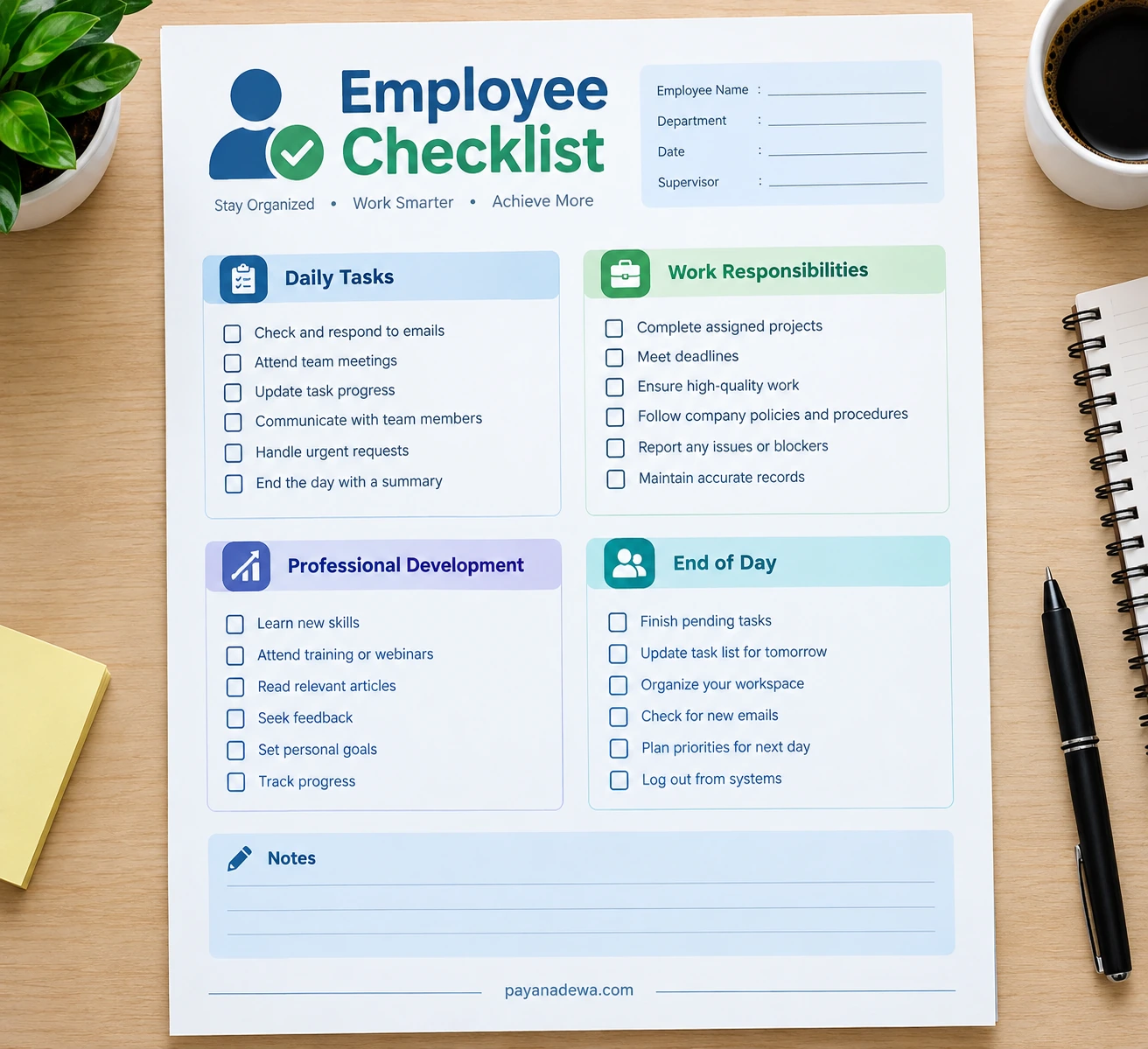 Printable employee checklist template with daily tasks, work responsibilities, professional development, and end-of-day activities.