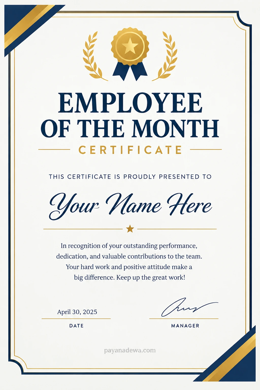 Printable Employee of the Month Certificate Template with an elegant navy and gold border, employee name field, award message, date, and manager signature line