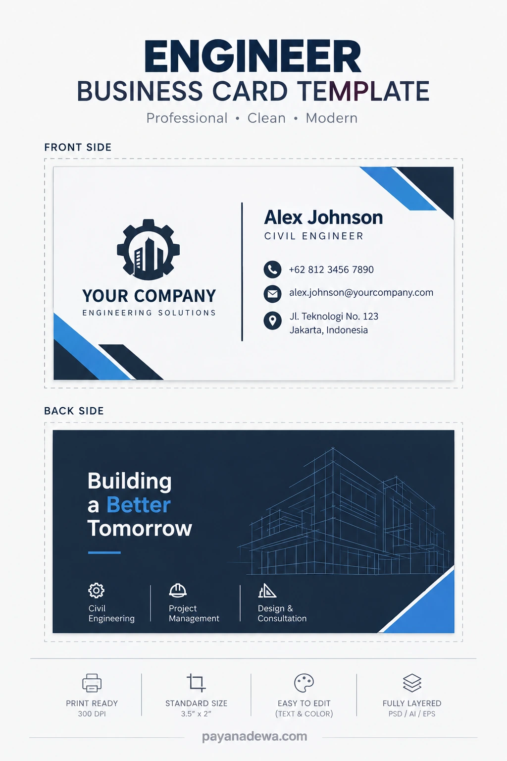 Professional engineer business card template with navy blue and white colors, engineering contact details, and architectural blueprint illustrations.