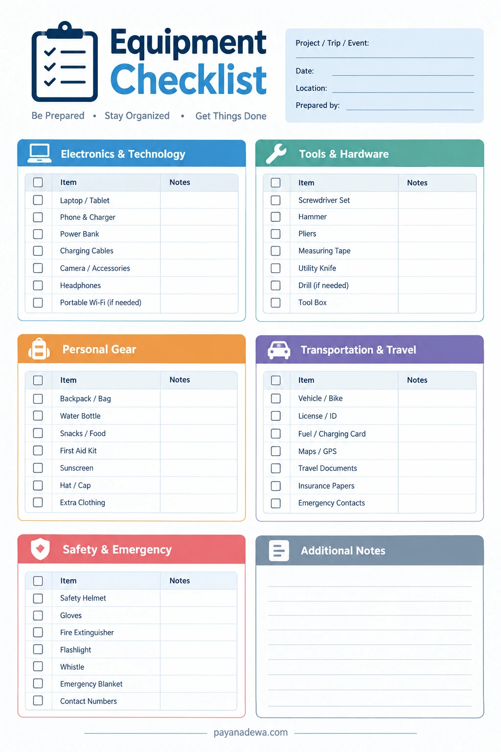 Equipment Checklist Template Printable equipment checklist template with electronics, tools, personal gear, transportation, safety supplies, and notes sections.