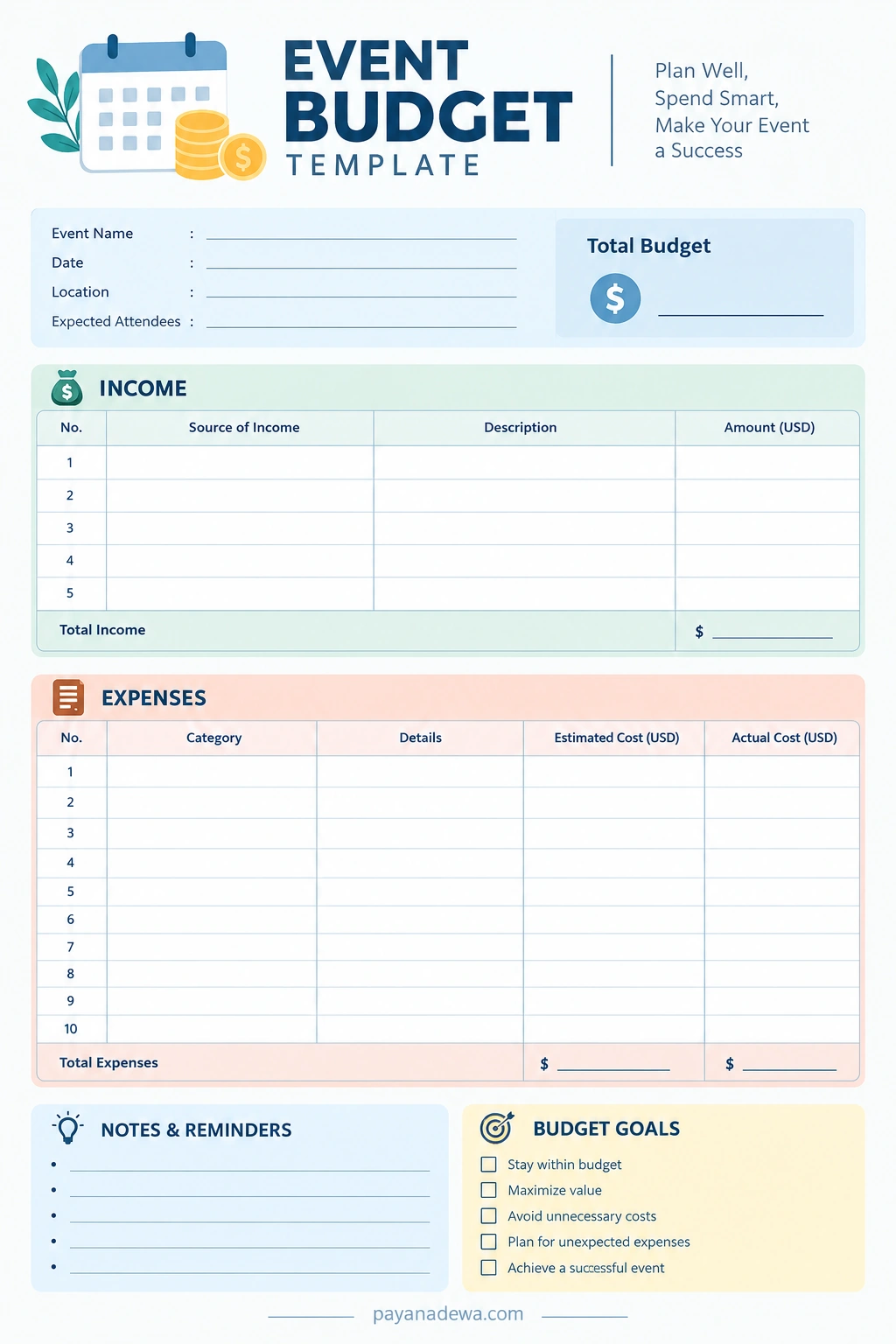 Printable event budget template with income, expenses, total budget, notes, and budget goals sections