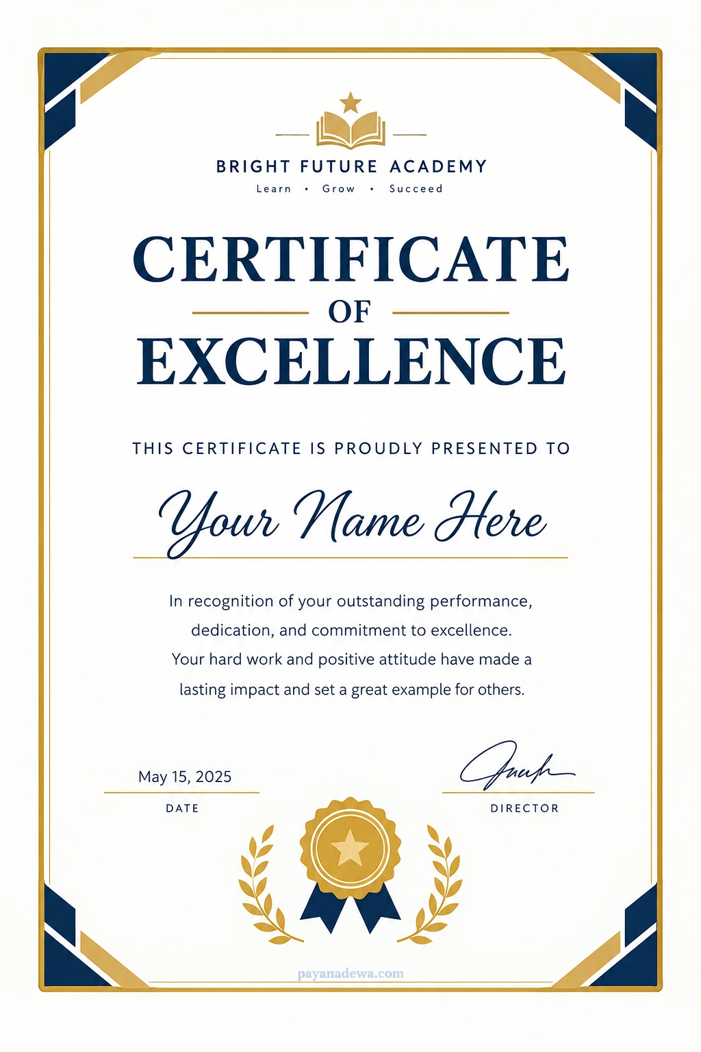 Excellence Certificate Template Printable Excellence Certificate Template with an elegant navy blue and gold border, recipient name field, award message, and signature lines.