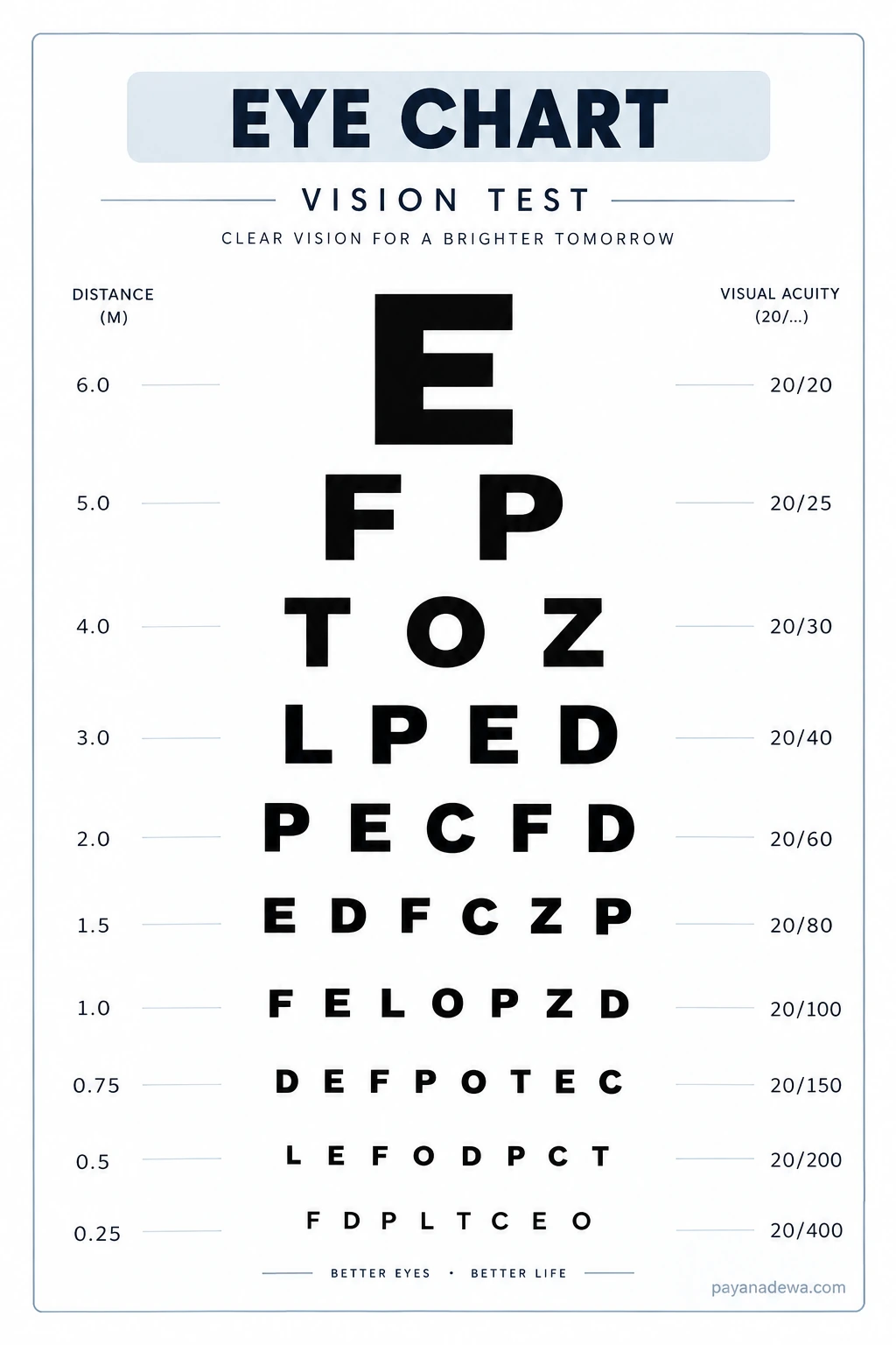 Eye Chart Template Printable eye chart template with progressively smaller letters, visual acuity labels, distance indicators, and payanadewa.com watermark.