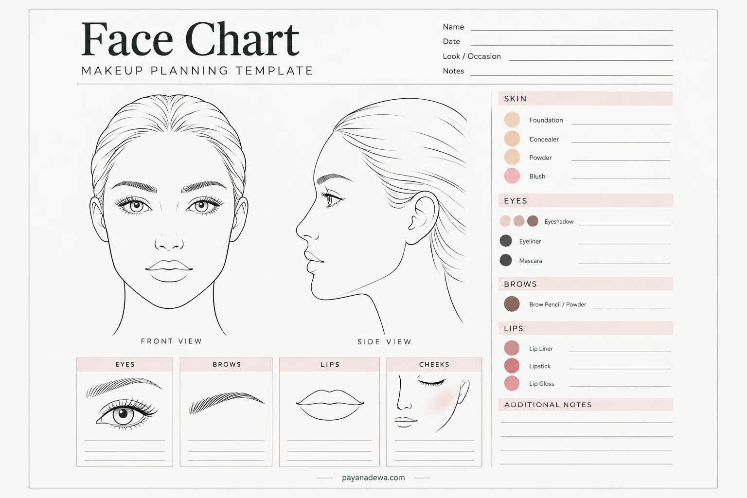 Face Chart Template Printable face chart template with front and side face illustrations, eye and lip details, and makeup product planning sections.