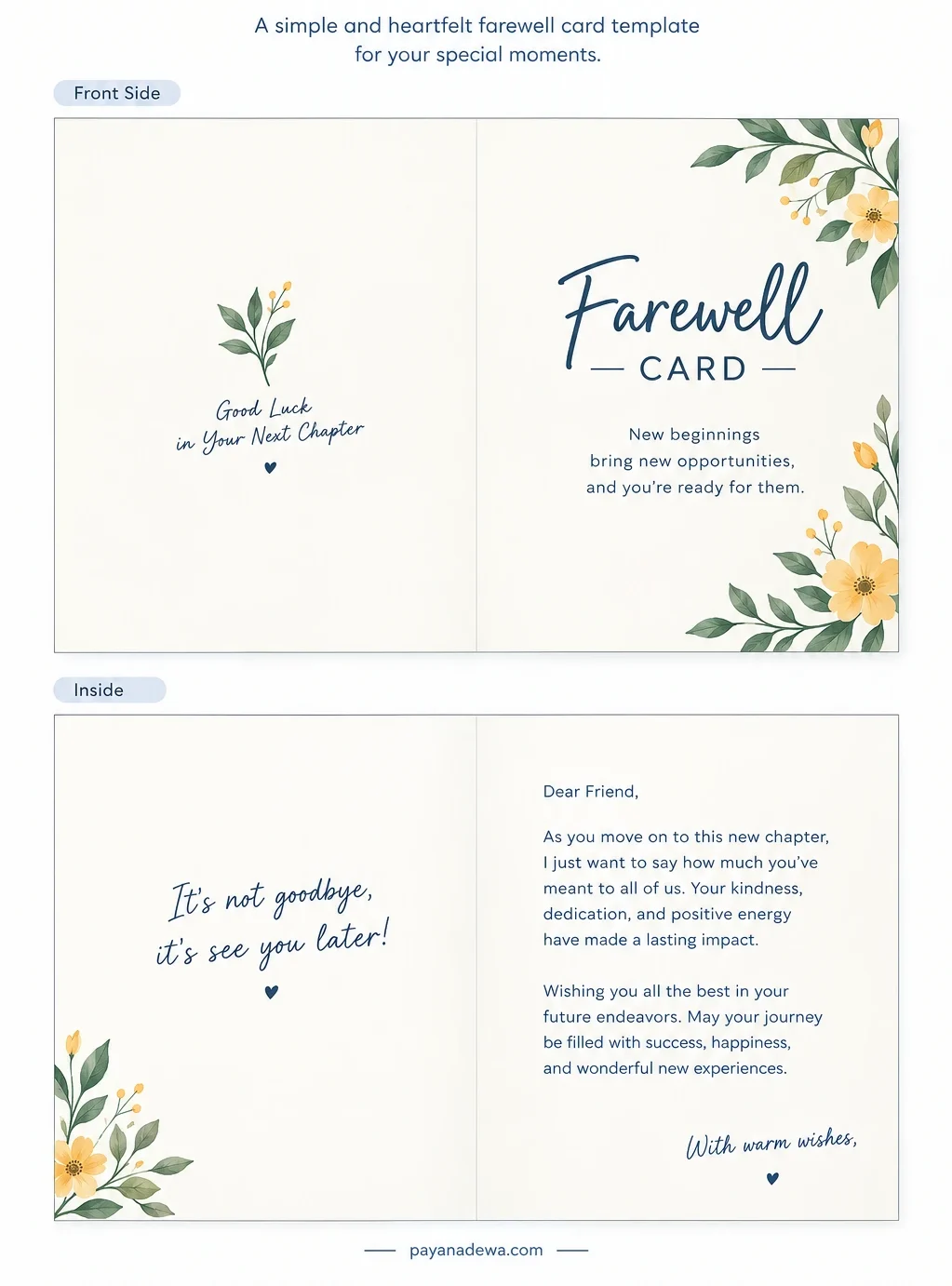 Printable farewell card template with elegant navy lettering, soft cream background, botanical floral decorations, and heartfelt goodbye messages.