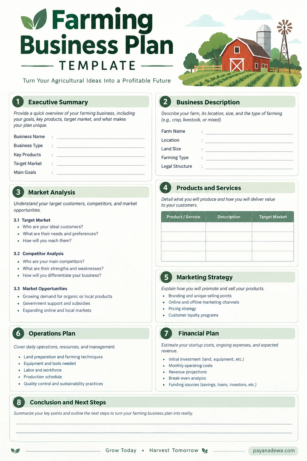 Farming Business Plan Template Printable farming business plan template with sections for executive summary, farm description, market analysis, products, marketing strategy, operations, and financial planning.