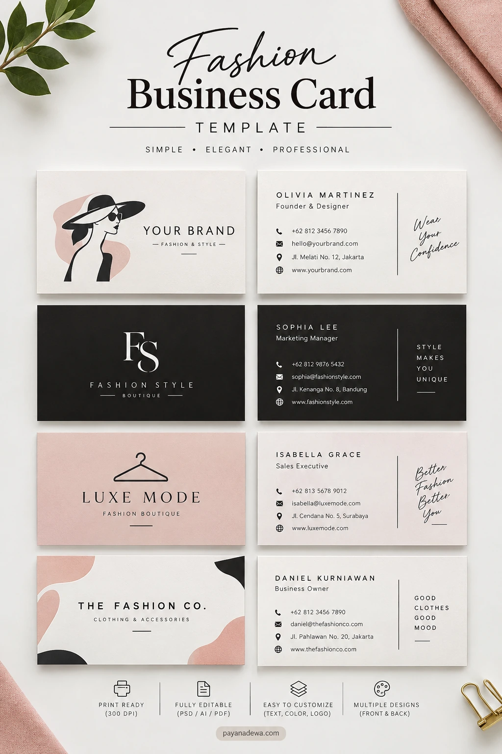 Fashion Business Card Template Fashion business card template featuring elegant blush, black, and cream designs for boutiques, fashion designers, and clothing brands
