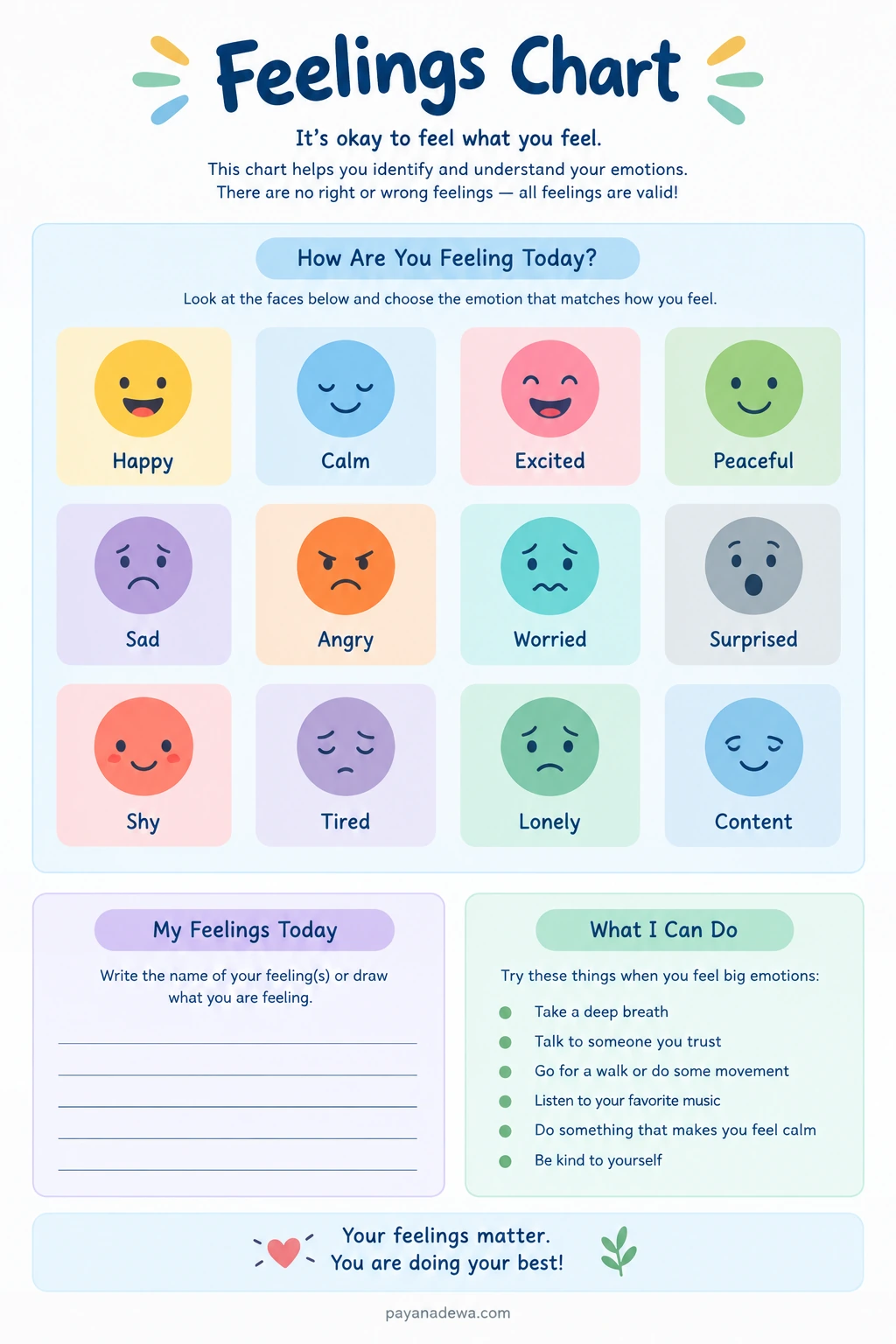 Printable feelings chart for kids with 12 emotion faces, including happy, calm, excited, sad, angry, and worried, plus a feelings reflection section and coping strategies.