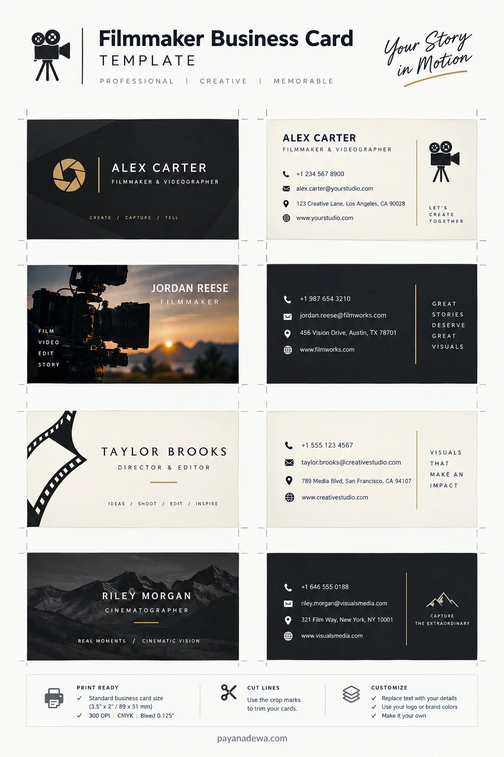 Filmmaker Business Card Template Printable filmmaker business card template with black, ivory, and gold designs, camera icons, and customizable contact details.