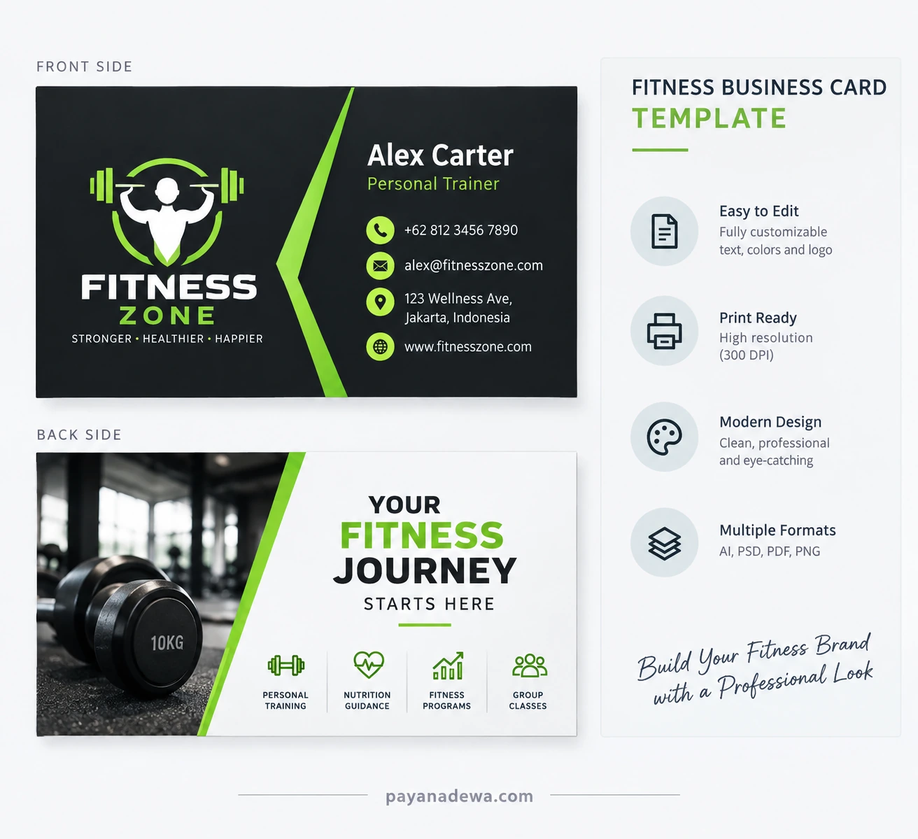 Fitness business card template with a modern black and lime green design for personal trainers and gym professionals