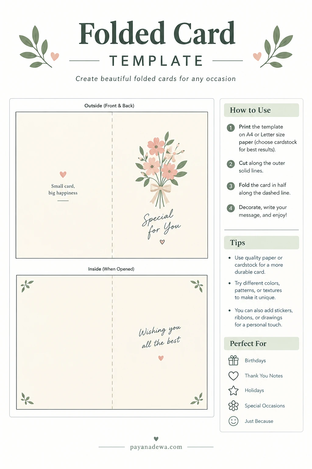 Printable folded card template with floral cover, inside message panels, fold guides, and instructions for making a greeting card