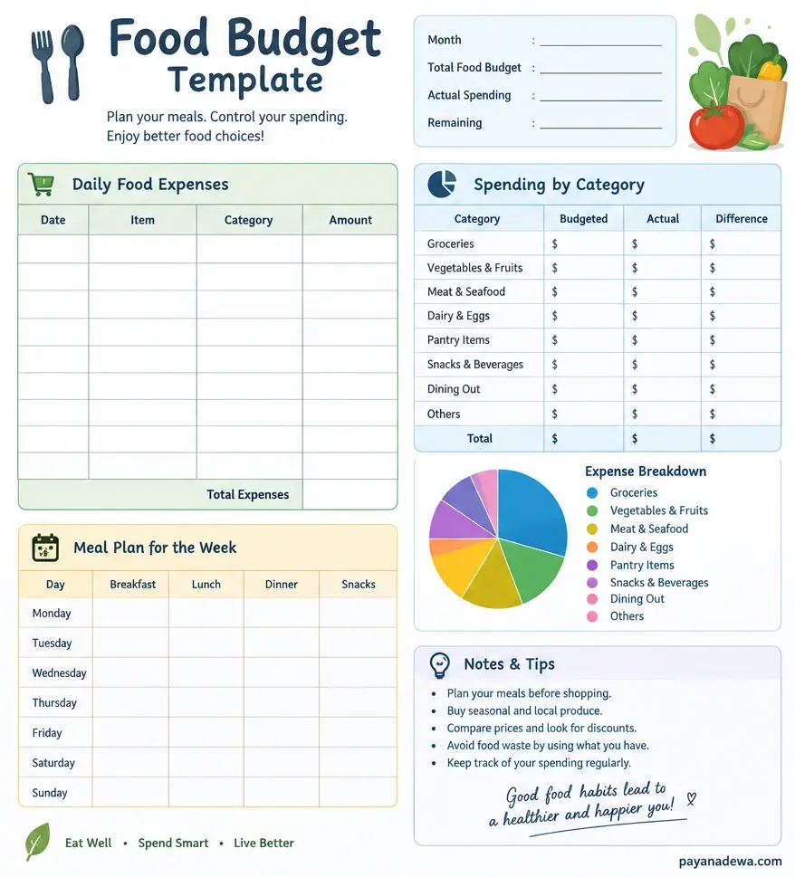 Food Budget Template for tracking food expenses, meal planning, and grocery spending