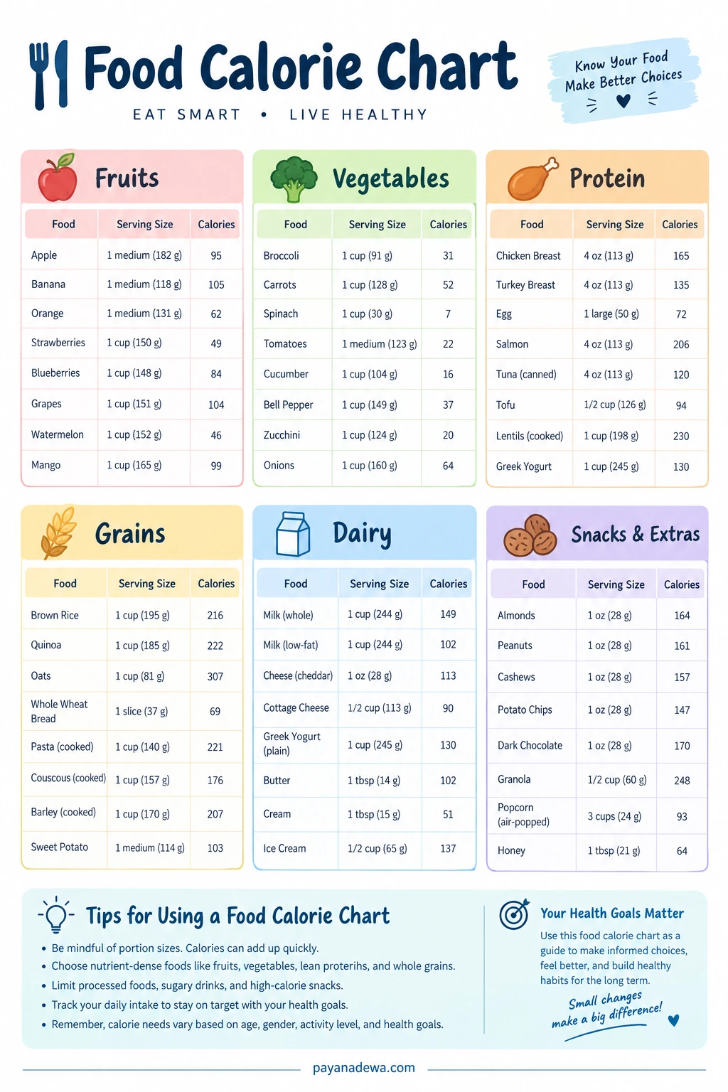 Printable food calorie chart showing calories and serving sizes for fruits, vegetables, protein, grains, dairy products, and snacks.