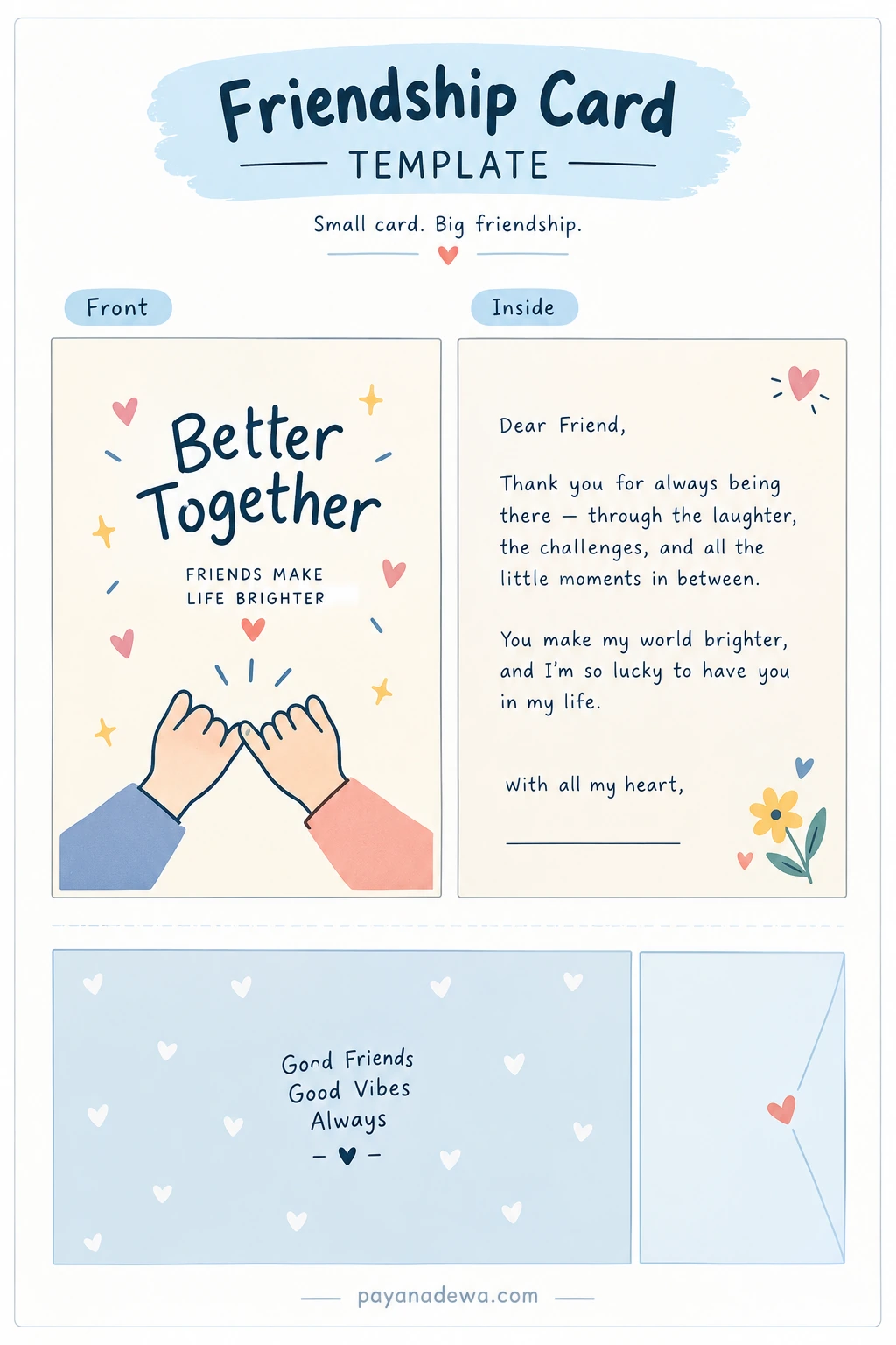 Printable friendship card template with pastel colors, pinky-promise illustration, heartfelt message, and decorative hearts.