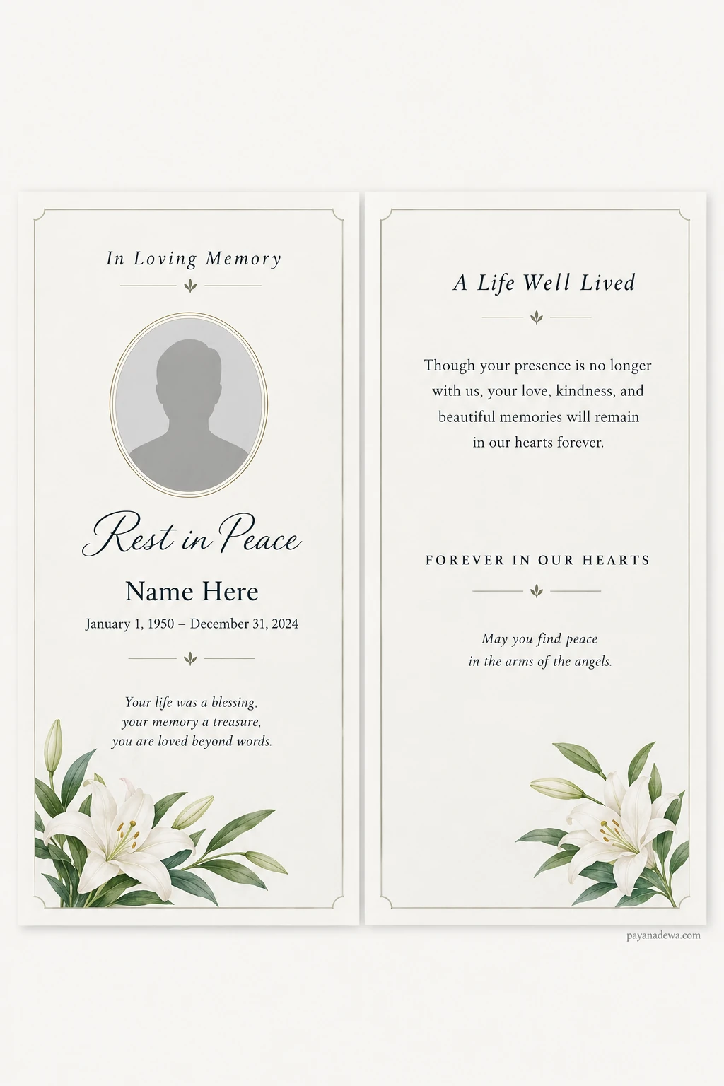 Elegant funeral card template with white lilies, memorial wording, portrait placeholder, and cream background