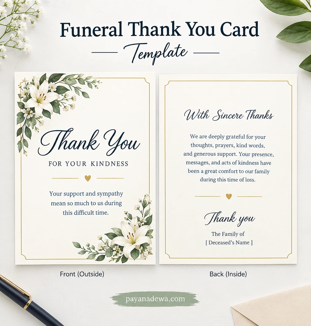 Printable funeral thank you card template with elegant white lilies, navy lettering, gold borders, and a heartfelt memorial message