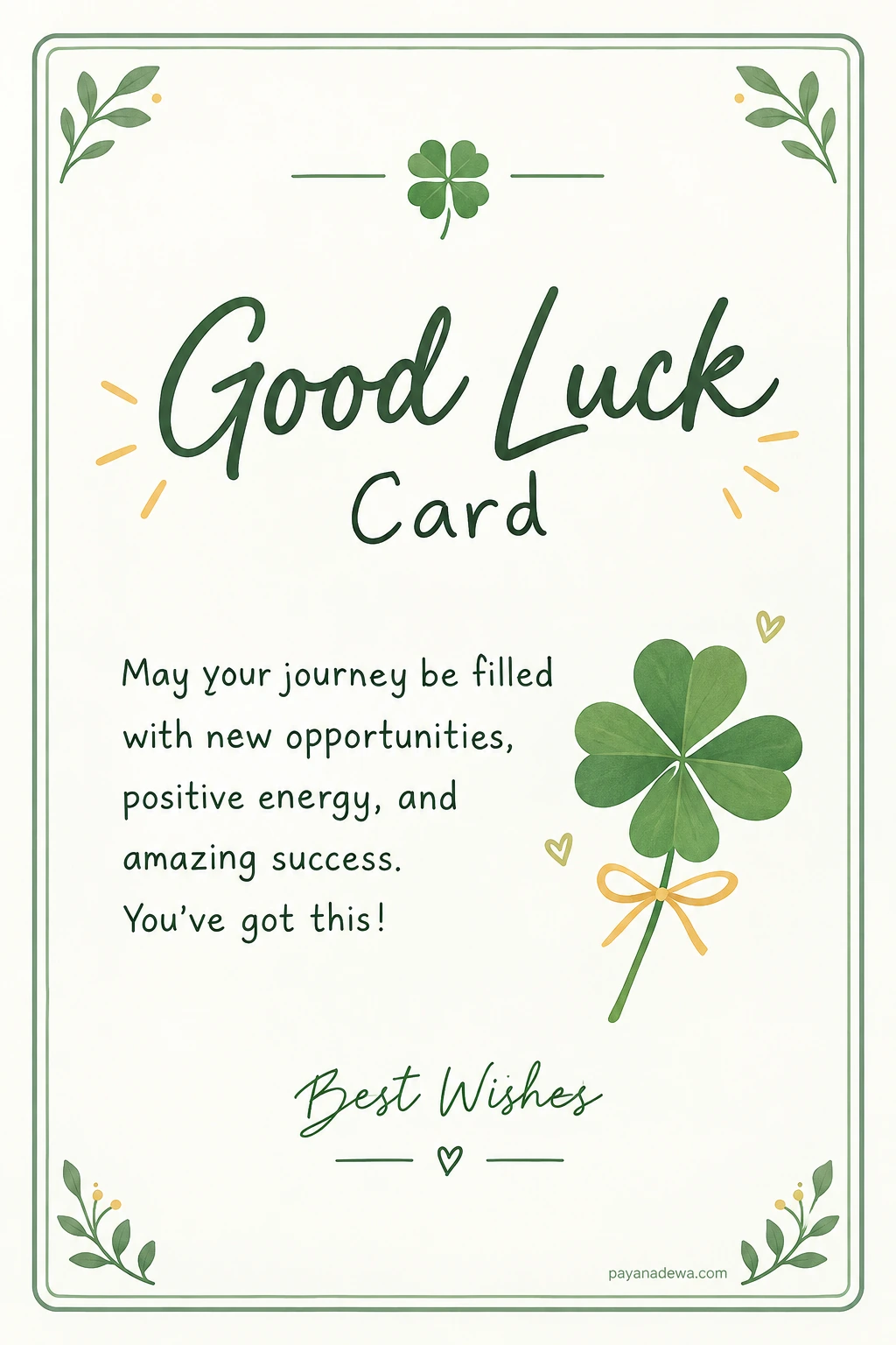 Printable good luck card template with green botanical borders, four-leaf clover illustration, gold accents, and an encouraging message