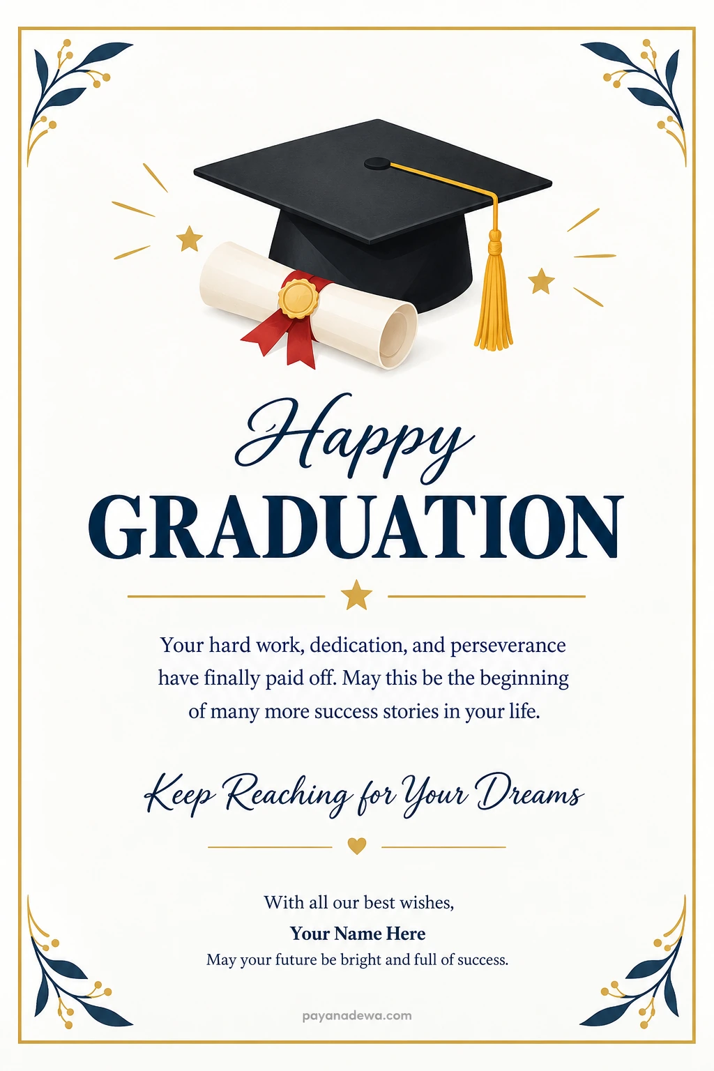 Printable graduation card template with navy and gold accents, a graduation cap, diploma, and a congratulatory message.