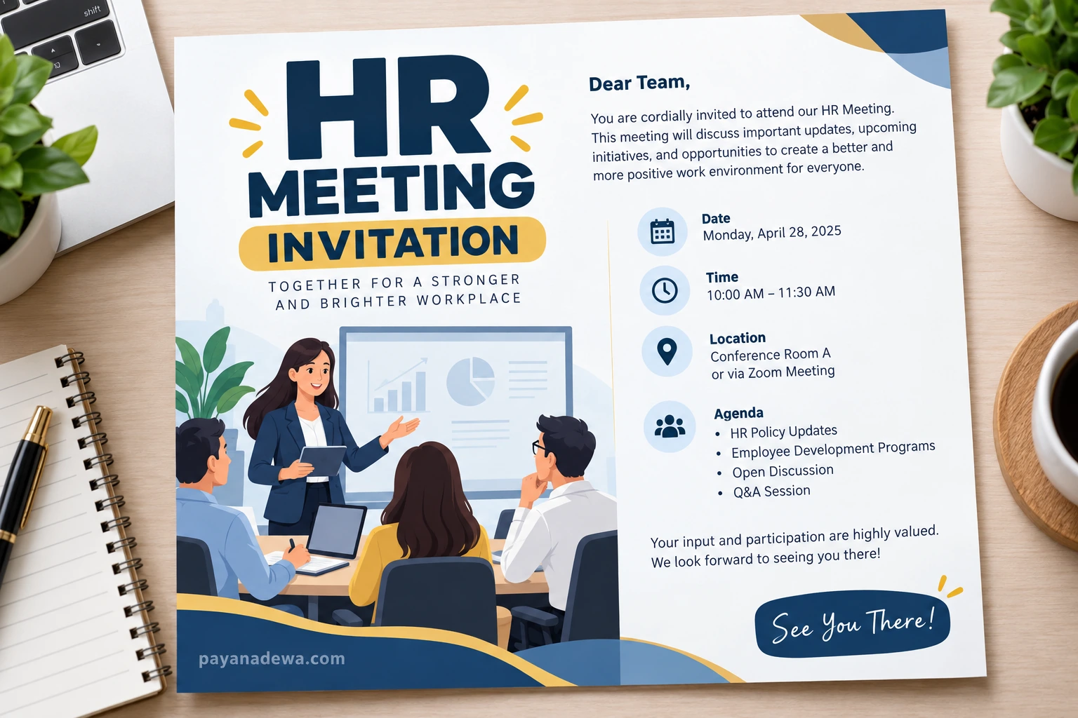 HR Meeting Invitation Template HR Meeting Invitation Template with professional meeting details and workplace illustration