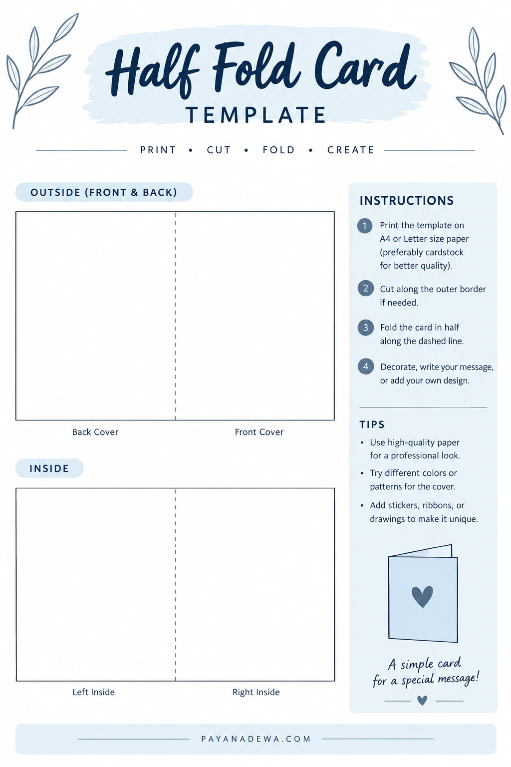 Printable half fold card template showing outside and inside panels, a dashed center fold line, and simple printing instructions.