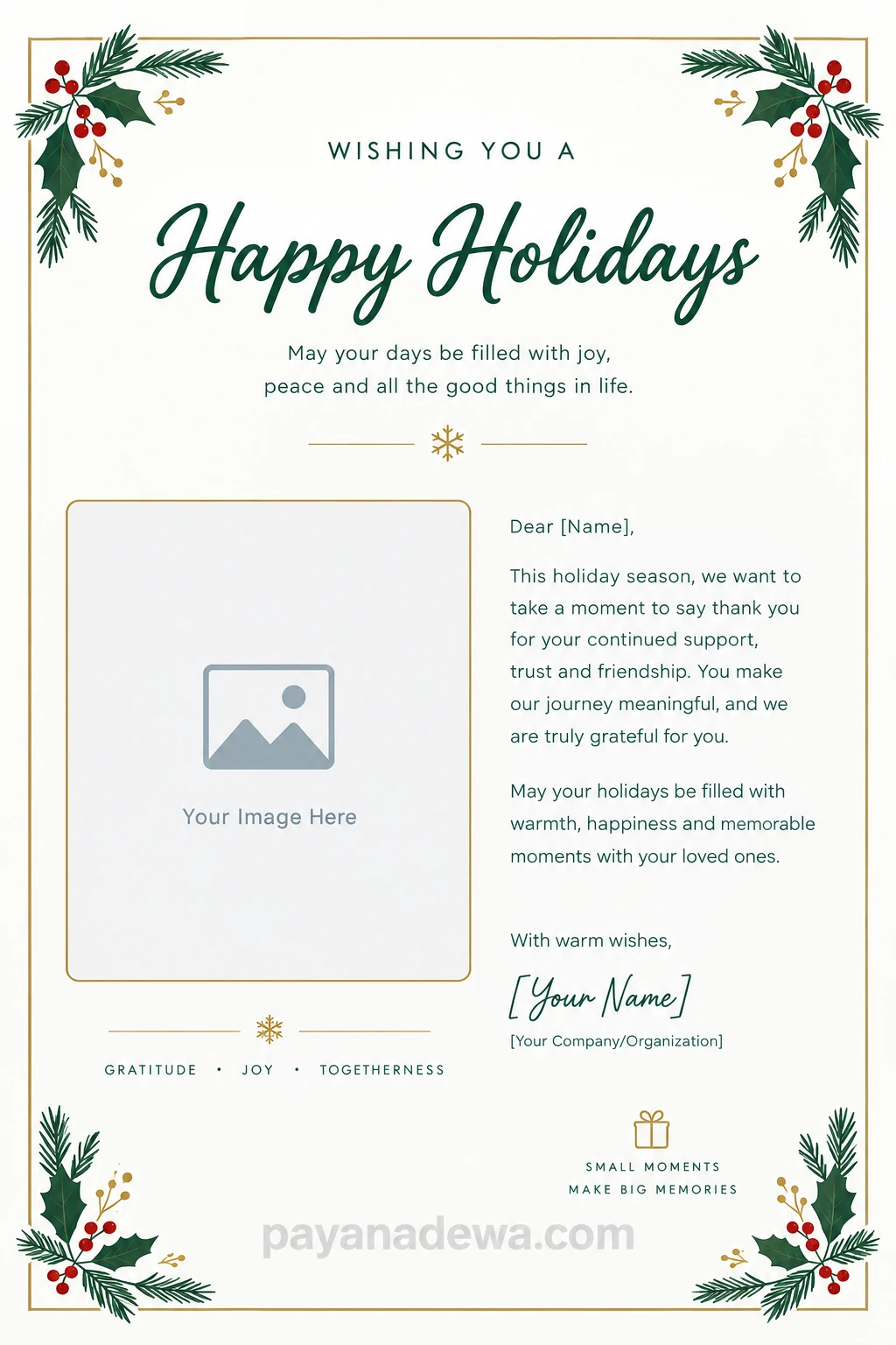 Printable holiday card template with a Happy Holidays greeting, elegant green and gold botanical decorations, a photo placeholder, and space for a personalized message.