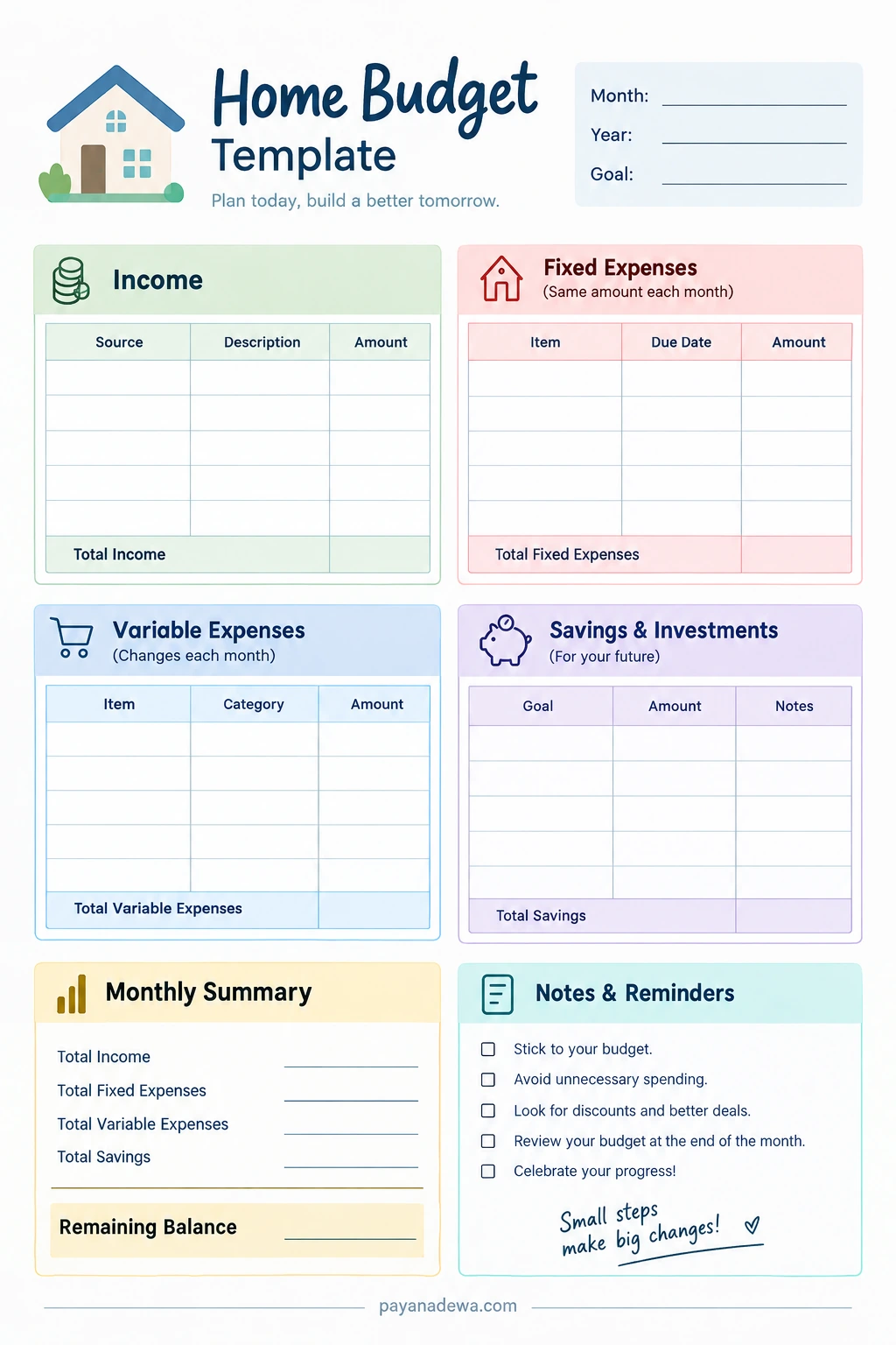 Home budget template printable worksheet for tracking monthly income, fixed expenses, variable expenses, savings, and remaining balance.