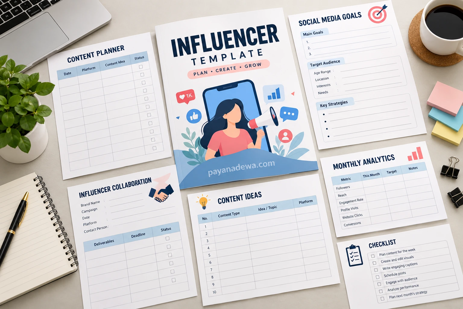 Influencer template for content planning, social media goals, collaborations, and analytics