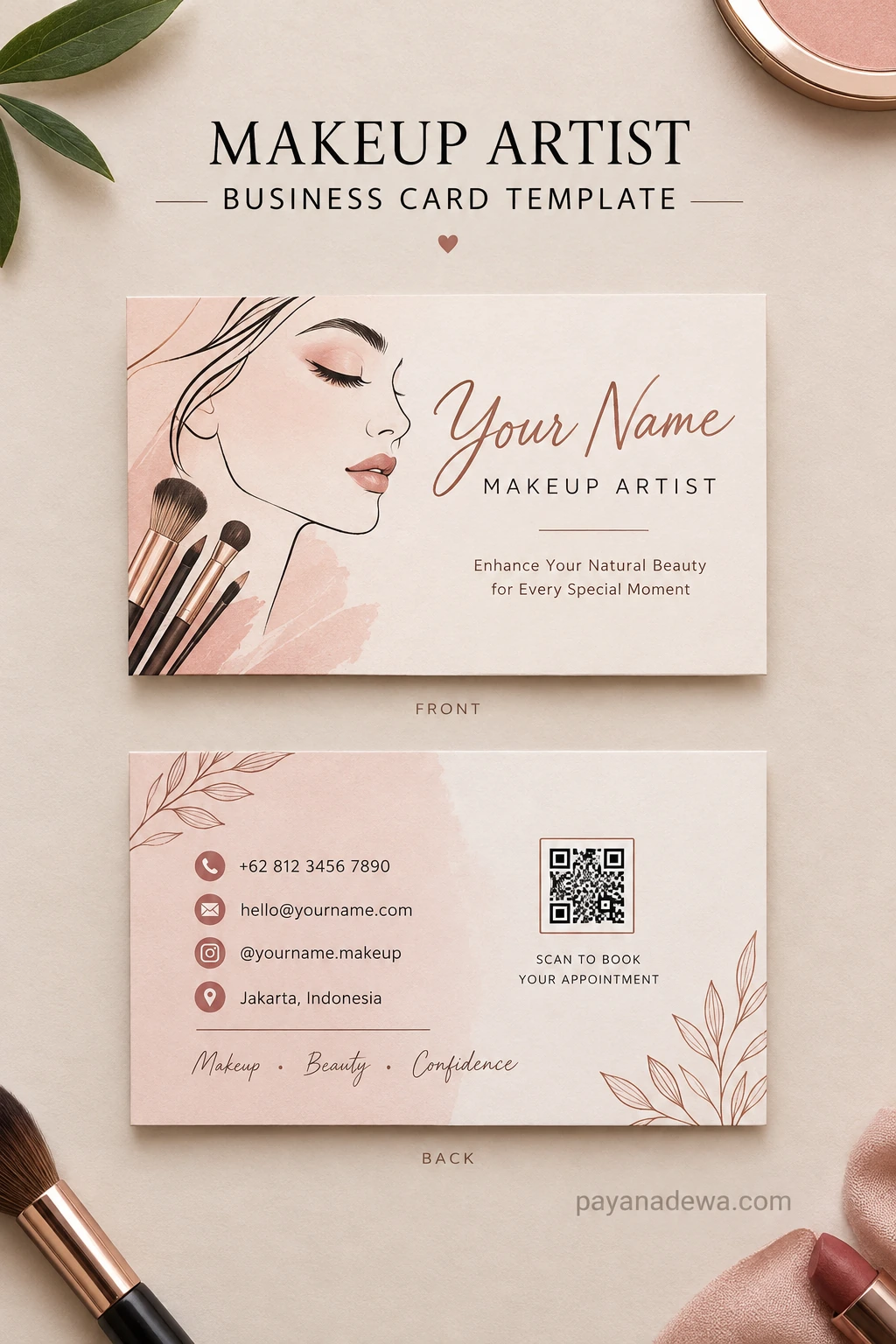 Makeup Artist Business Card Template Makeup artist business card template in blush pink and cream with rose gold accents, elegant typography, makeup brushes, and front and back layouts.