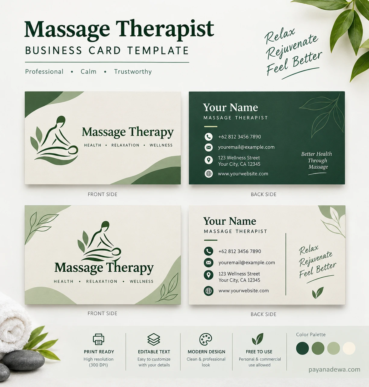 Massage Therapist Business Card Template Massage therapist business card template featuring botanical illustrations, elegant green and cream colors, professional contact details, and printable front and back designs.