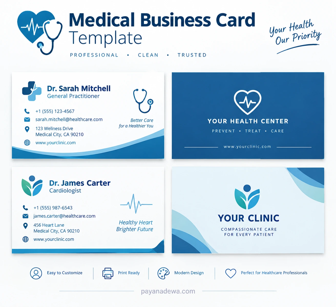 Medical Business Card Template Medical business card template with blue and white healthcare designs, doctor contact details, and professional medical icons.