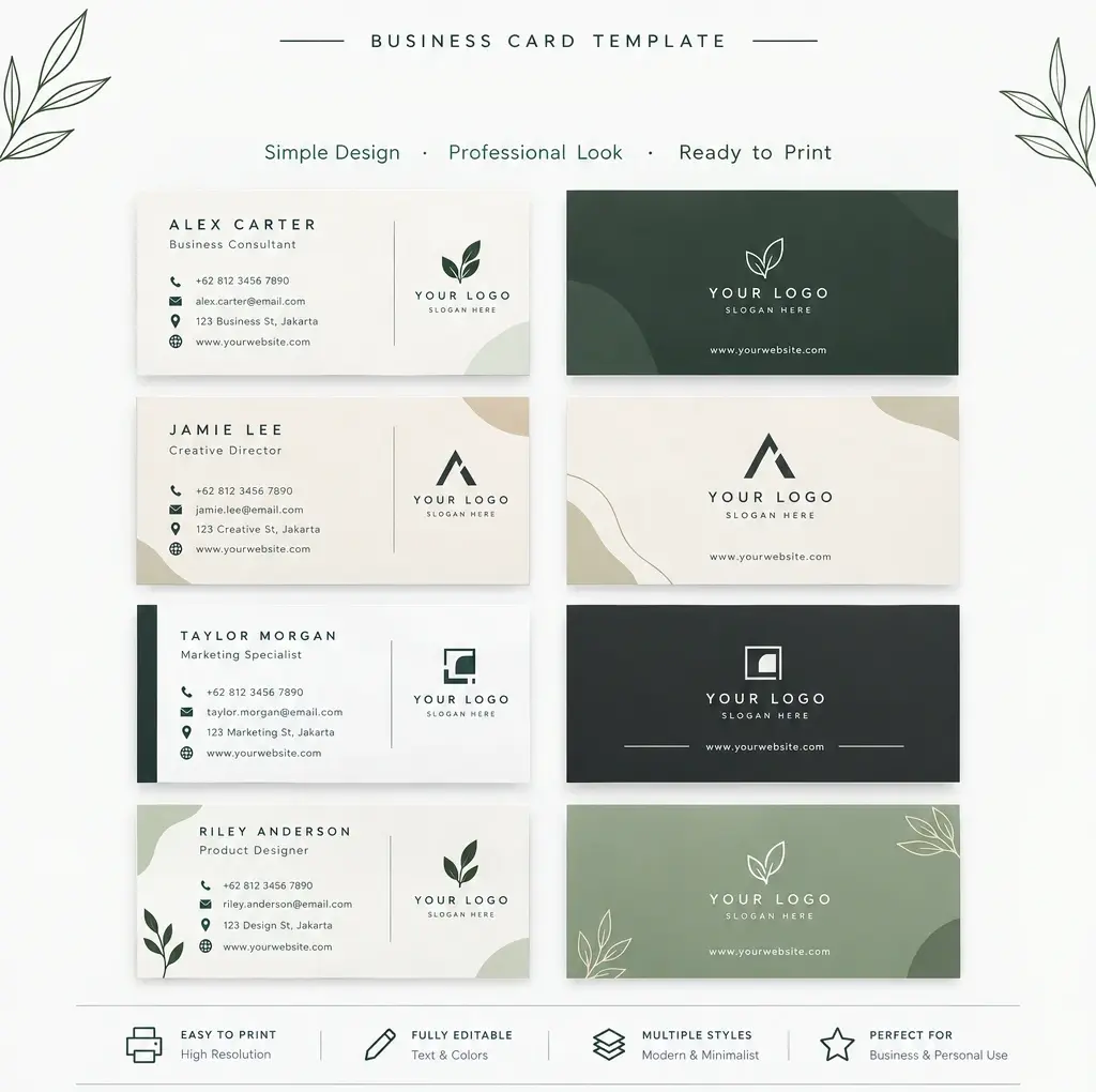 Minimalist Business Card Template Minimalist business card template designs in neutral, sage green, and charcoal colors