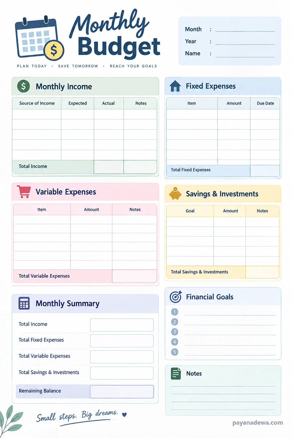 Monthly Budget Template Monthly budget template for tracking income, fixed expenses, variable expenses, savings, and financial goals