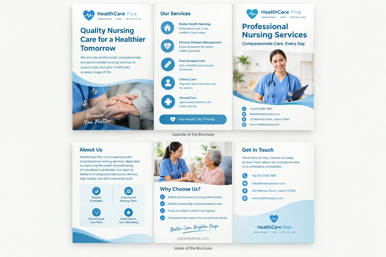 Nursing Brochure Template Professional nursing brochure template with healthcare services, nurse and patient imagery, and clean blue design